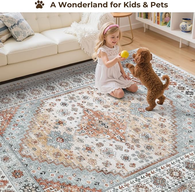 RESARE Area Rug, 8x10 Vintage Blue/Orange, Non‑Slip